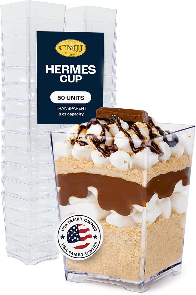 50 Pack 4 oz. Square Small Plastic Dessert Cup Hermes Professional-Grade Recyclable Transparent Disposable Party Cup for Parfait Desserts, Appetizers, and Events CMJJ