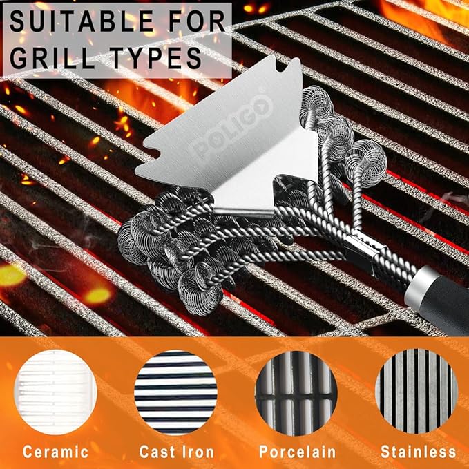 POLIGO 18" Safe Grill Brush and Scraper Bristle Free for All Grills Bundle with 7PCS Golf-Club Style Grill Accessories Set with Rubber Handle - Grilling Set Ideal Christmas Birthday Gifts for Men Dad