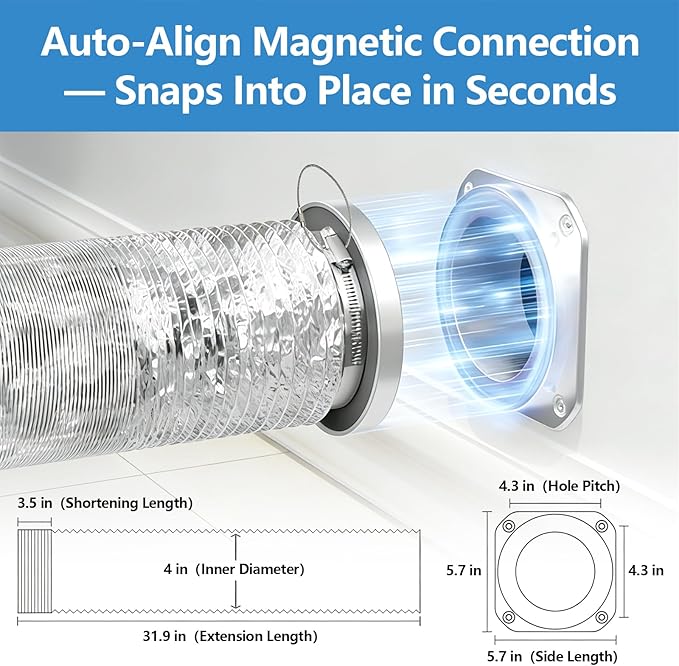 LEFFIS Magnetic Dryer Vent Connector kit with Pull Ring for Easy Align, Quick Disconnect Easy Cleaning Maintenance, Airtight Seal, Includes 4 Inch 3.3 Feet Dryer Duct and 2 Clamps