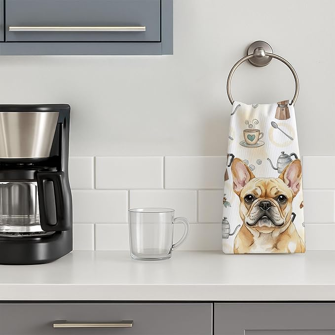Caroline's Treasures Fawn French Bulldog Coffee Bar Kitchen Towel Velour Plush Front and Cotton Loop Back Machine Washable