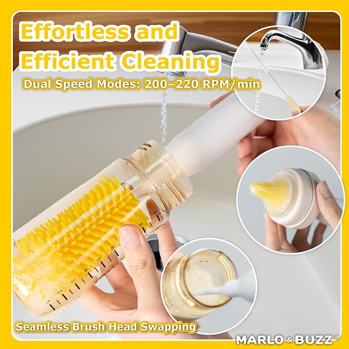 Marlo & Buzz Electric Baby Bottle Brush Cleaner Set, Rechargeable Waterproof Silicone Brushes with Large Bottle Brush, Nipple Brush, Straw Brush, Milk Stirrer, Drying Rack (Yellow)