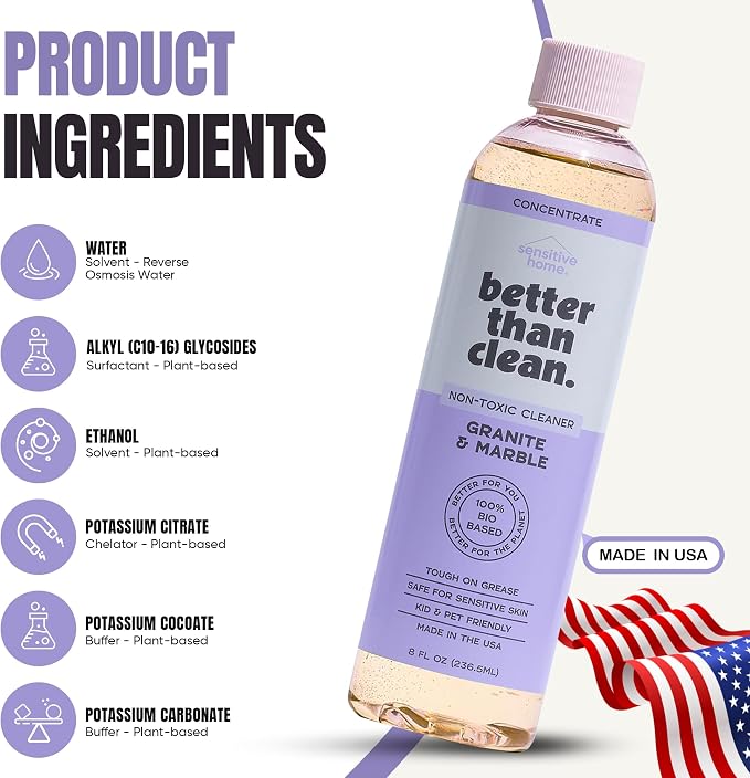 Marble & Granite Cleaner Concentrate - Plant-Based, Non-Toxic, Fragrance Free Cleaning Products - Slate, Marble, and Natural Stone Cleaner, – 8oz Makes 4 Bottles