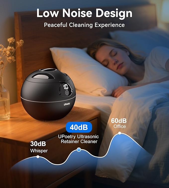 Ultrasonic Retainer Cleaner, 45kHz Retainer Cleaner Machine with Digital Timer & 4 Modes, 200ML Portable Dental Cleaning Pod for Aligners, Dentures, Night Guards, Braces, Jewelry, Black