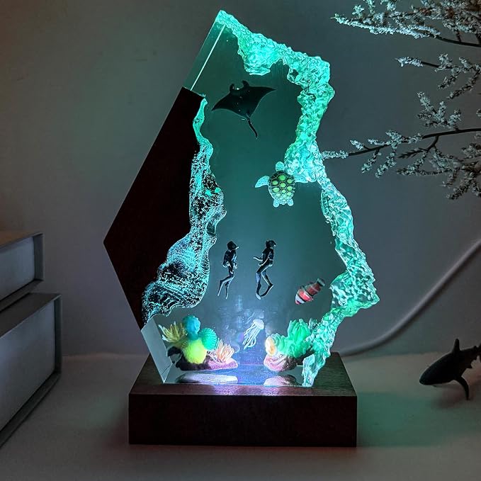 Scuba Diving Resin Ocean Lamp,Handmade 3D Ocean Night Light With Woodden Base,Variable Lights, Scuba Diver Gifts, Diving Enthusiast Collectibles, Unique Birthday Holiday Gifts for Men & Women(M 8"x5")