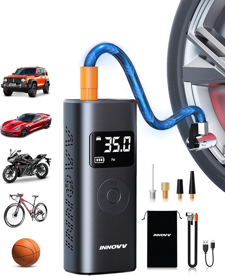 INNOVV P1 Aluminum Portable Tire Inflator, 150PSI, 3X Faster Cordless Air Compressor, Auto-Shutoff Electric Tire Pump with Digital Pressure Gauge & LED Light for Car, Motorcycle, Bike, Balls