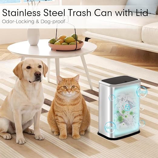 Bathroom Trash Can with Lid, 8L/2.1 Gallon Silver Trash Can Small Garbage Can with Press Top Lid Slim Stainless Steel Garbage Can with 100 Counts Trash Bags for Bathroom Bedroom Kitchen Office Toilet