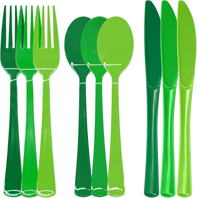 180 PCS Gradient Green Plastic Silverware Heavy Duty Green Cutlery Disposable Set Include 60 Forks, 60 Knives, 60 Spoons for Birthday, Graduation Party, Christmas, St. Patrick's Day