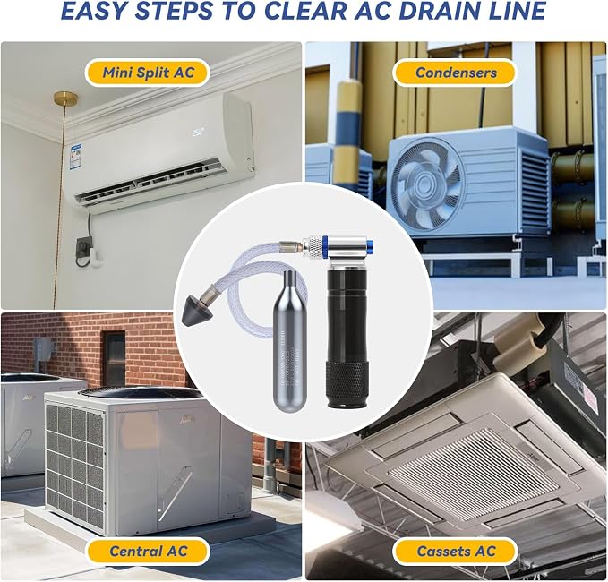Upgraded Drain Device, AC Drain Line Cleaner Device, AC Drains Line Unclogger Tool, with 6 Unthreaded CO2 Cartridges, with a Flexible Hose to Clear All HVAC Clogs,20 Gram Unthreaded CO2,Black