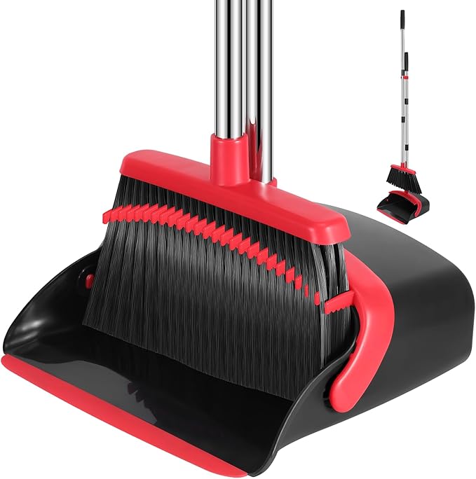 NACENA Broom and Dustpan Set & No Drill Self Adhesive Broom Mop Holder Wall Mount with Hooks 52-in Long Adjustable Handle Broom Dustpan Combo