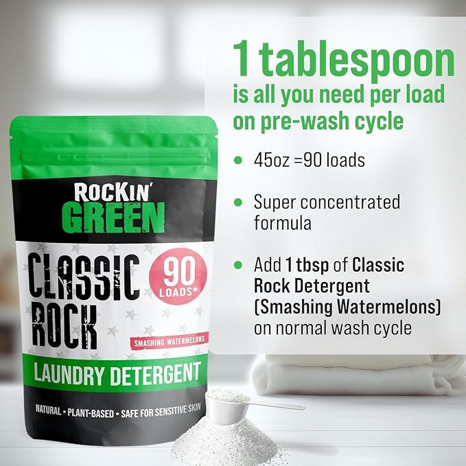 Rockin' Green Classic Rock Laundry Detergent (90 Loads), Plant based, All Natural Laundry Detergent Powder, Vegan and Biodegradable Odor Fighter, Safe for Sensitive Skin, 45 oz (Smashing Watermelons)