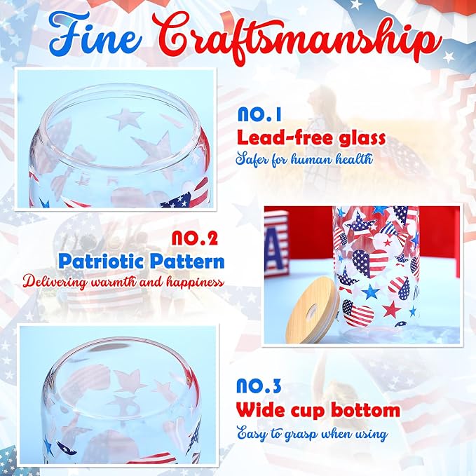 Sliner 2 Pcs Patriotic Glass Cups 4th of July Gifts Tumbler with Lid Straw American Flag Star Iced Coffee Cup 16 oz Red White Blue Drinking Glasses for Women