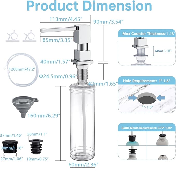 Dish Soap Dispenser Built in Sink Square Pump with 47'' Long Tube, Chrome Brass Pump Head for Kitchen Sink with 17 oz Bottle