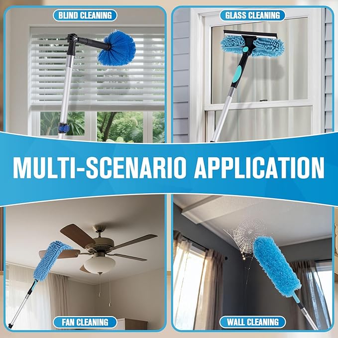 Cobweb Duster with Extension Pole, 20Ft Ceiling Fan Cleaner Duster, High Ceiling Duster Kit with 5-12Ft Telescoping Extension Pole, Long Handle Duster for High Ceilings, Window Washer Kit
