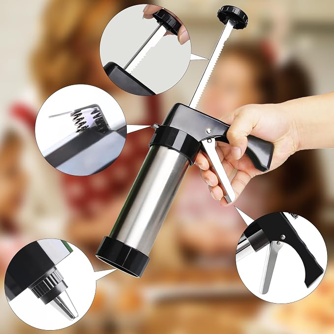 23-Piece Cookie Press Set,Cookie Press Gun Decorating Kit with 13 Stainless Steel Disksand 8 Piping Tips and Cleaning Brush,Holiday Baking and Everyday Treats, Essential Baking Supplies