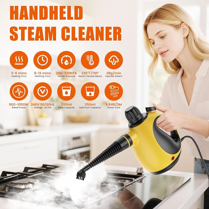 Handheld Steam Cleaner for Home - Pressurized Handheld Steamer for Cleaning with High Pressure, Chemical-Free Multi-Purpose Portable Deep Steam Cleaner for Cleaning Windows, Couch(Yellow)