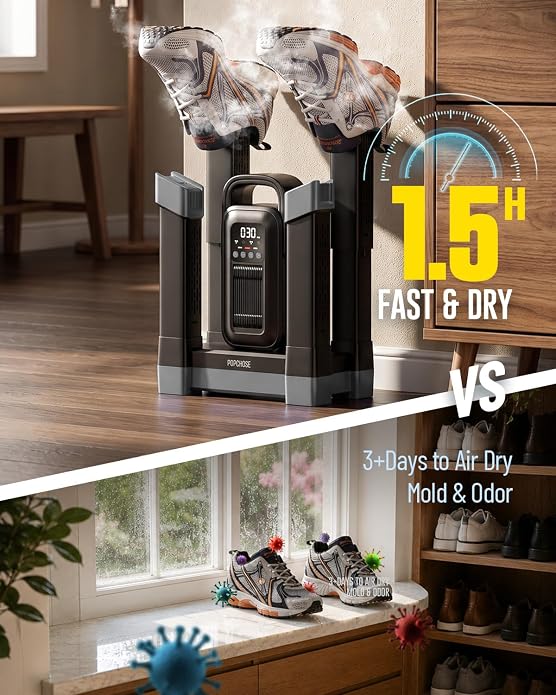 POPCHOSE Boot Dryer with Ozone Deodorizer, 1.5H Fast Drying Shoe Dryer, Silent & Adjustable Timer, Forced Heat Boot Warmer