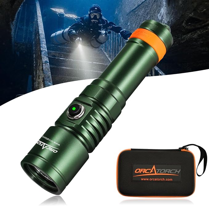 ORCATORCH D710 Scuba Diving Light, 3000 Lumens Super Bright Underwater Flashlight with 6 Degrees Narrow Beam, IP68 Waterproof Night Dive Torch 150 Meters Submersible Light (Green)
