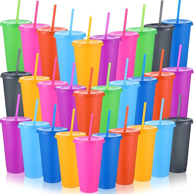 Honeydak 30 Pack Tumbler with Straw and Lid Bulk Cups for Gifts Water Bottle Iced Coffee Travel Mug Cup Reusable Plastic Tumblers for Party Birthdays 24-27 oz (Popular Color)