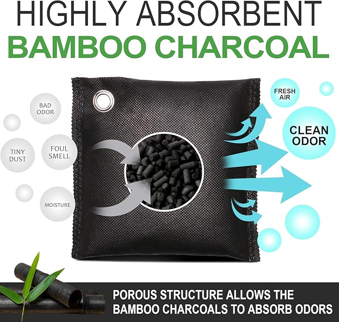 Activated Charcoal Odor Absorber for Strong Odors in Car, Closet, Shoe, Basement. 5 Activated Charcoal Bags Odor Absorbers for Home. Bamboo Charcoals Air Purifying Bag Charcoals Deodorizer Eliminator
