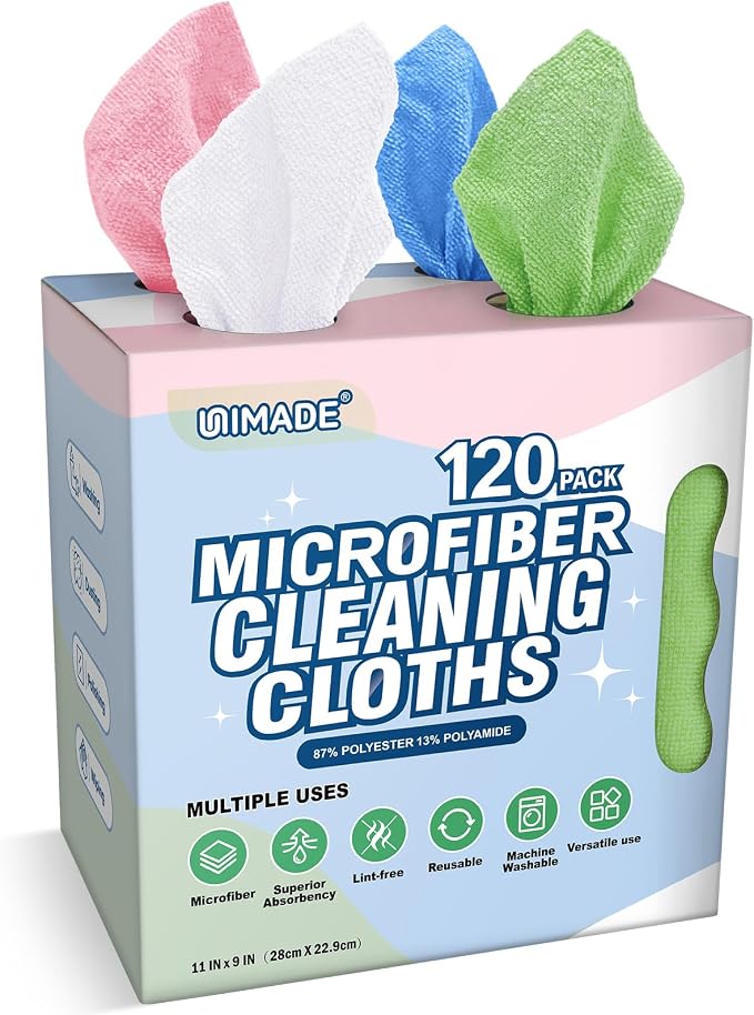 UNIMADE Microfiber Cleaning Cloth, 120 Pack Reusable Paper Towels Microfiber Towels for Cars Lint Free Shop Rags with for Home Kitchen Automotive, 11"x 9", White & Green & Blue & Pink