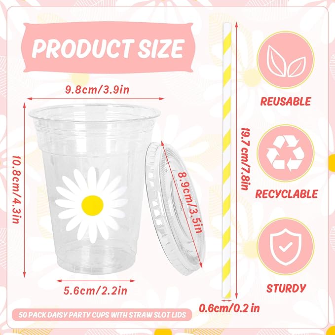 Whaline 50Pcs Daisy Cute Disposable Plastic Cups with Lids and Straws 12Oz Cold Beverage Drinking Cups for Wedding Birthday Baby Shower Favor Supplies