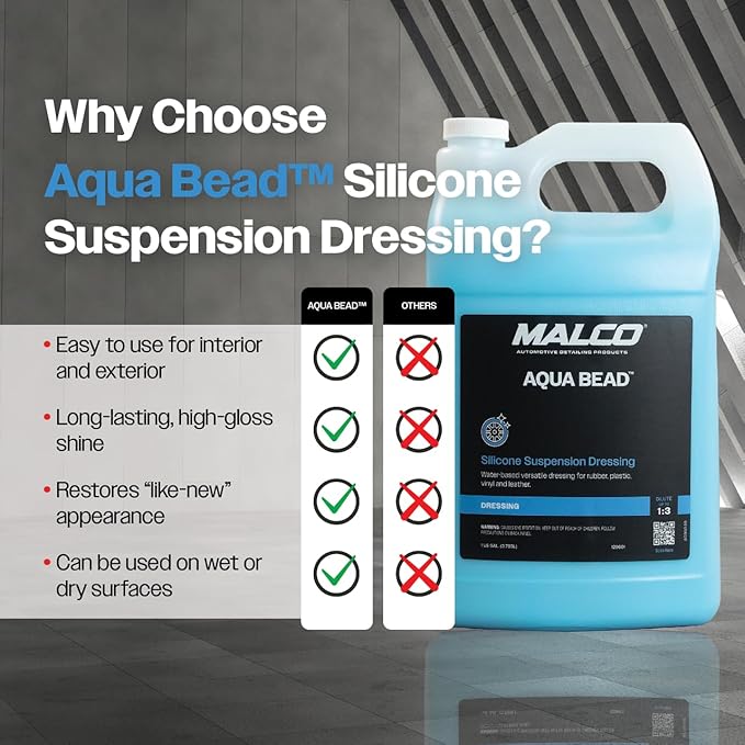 Malco Aqua Bead Water Based Dressing - Non-Greasy Interior and Exterior Dressing/Shines Car Tires, Rubber, Plastic and Trim/Concentrated Formula, Dilutable for Variable Gloss / 1 Gallon (129601)