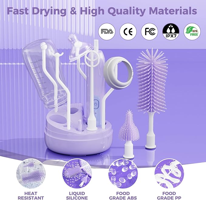 Electric Bottle Brush Cleaner,Rechargable Electric Baby Bottle Brush Cleaner with Thermometer,Silicone Bottle/Nipple/Straw Brush,Drying Rack,Travel Bottle Cleaner Kit for New Moms (Violet)