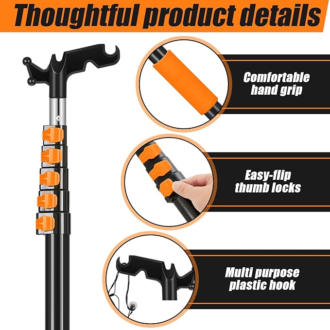 7-36 ft Telescopic Extension Pole with Utility Hook, Multi-Purpose Aluminum Pole for Painting, Dusting and New Year Window Cleaning Christmas Lights Installation Without a Ladder (Orange)