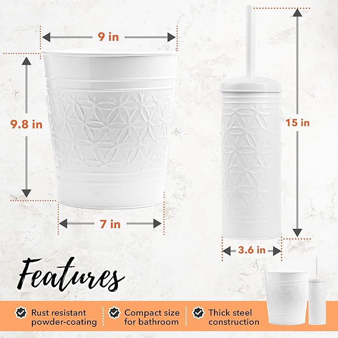 Autumn Alley White Farmhouse Bathroom Trash Can and Toilet Bowl Brush with Holder - White Bathroom Accessories Set for Charming Bathroom Décor