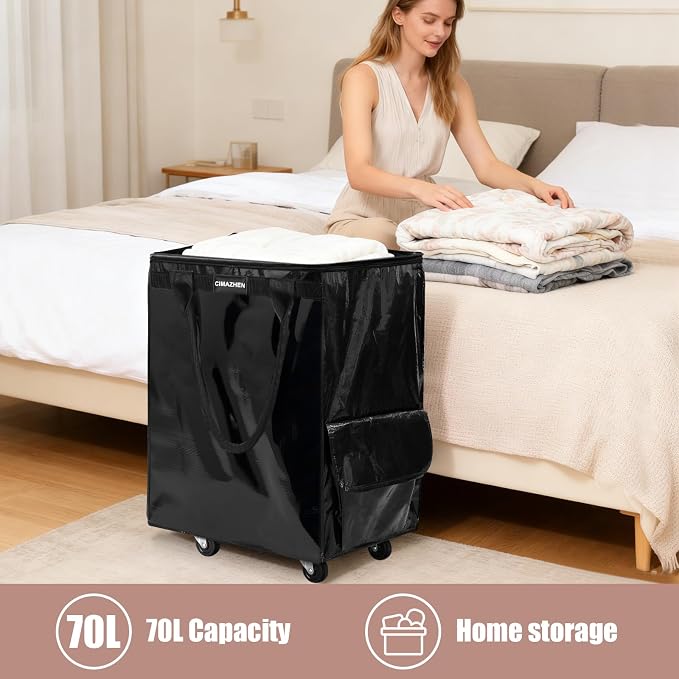 (Medium,Black) Reusable Grocery Bag on 4 Wheels, 70L Foldable Rolling Tote Bag with 3 Handles and Zipper, Rolling Shopping Cart for Groceries, Storage, Laundry, Travel, Organizer, 76lb