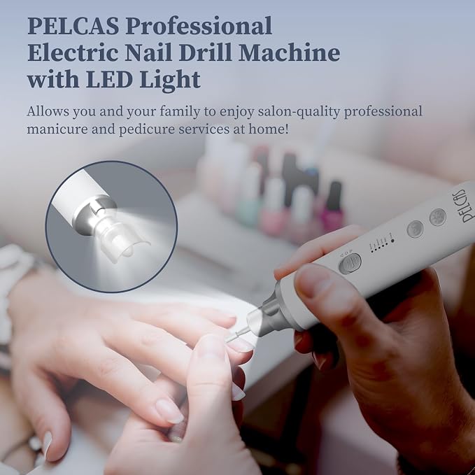 PELCAS 8 in 1 Electric Nail Filer with LED Light, Cordless Nail Drill, 5 Speeds Toenail Grinder for Thick Toenails, Manicure & Pedicure Kit for Foot Callus, Toenail, Thick Nails, Finger Nails Silver