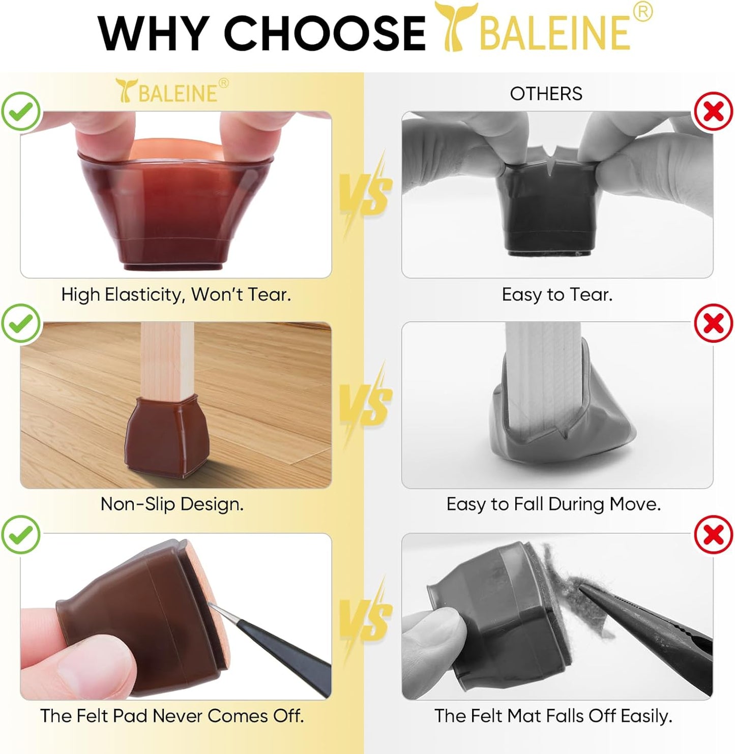 BALEINE 32 Pack Silicone Chair Leg Floor Protectors, Stool Leg Protectors Cap, Non-Slip Chair Leg Caps for Hardwood Floors (Brown & Large (Square), 32 Pack)