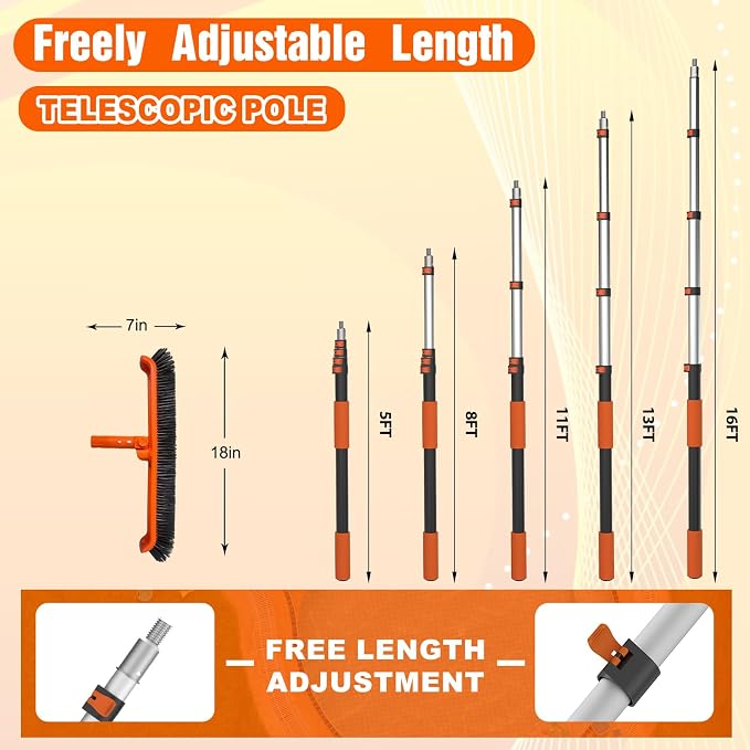 SISIUPASSIE Pool Brush Kit with Pole, Upgrade 18" Pool Brush and High-Efficiency Stainless Steel Bristles Brush with Telescopic Pole for Cleaning Pool Walls, Curved Ends, Tiles & Floors, 16 FT
