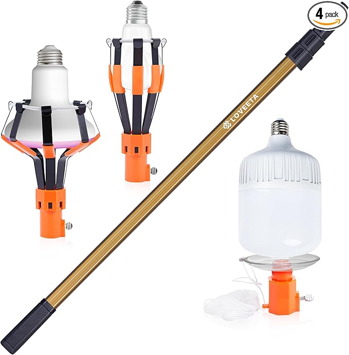 LOVEETA® Gen2 12Ft [18Ft Reach] Lightweight Extendable Light Bulb Changer Pole for High Ceilings – Telescopic Light Bulb Pole Changer with Bulb Gripper - Champagne Gold
