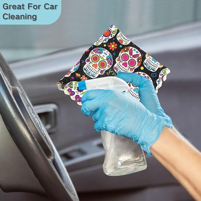 ALAZA Dish Towels Kitchen Cleaning Cloths Sugar Skull Dish Cloths Super Absorbent Kitchen Towels Lint Free Bar Tea Soft Towel Kitchen Accessories Set of 6,11"x11" 2