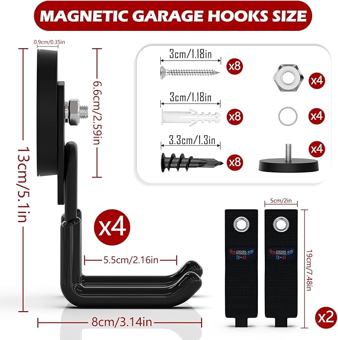 3-H Extra Strong Magnetic Hooks,Heavy Duty Large Anti-Slip Magnet Hooks,No-Drill Tool Holder for Garage,Power Drill,Garden Tools,Hose Storage,4 Pack Black