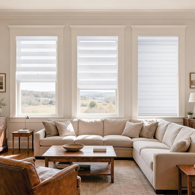 MYshade Cordless Zebra Blinds with Free-Stop Function - Dual Layer Light Filtering & Privacy Sheer Shades for Day and Night - Easy Install Window Shades for Home, Living Room, 33.5" W*72" H,White