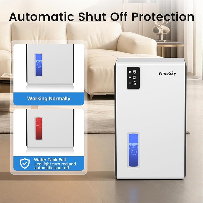 NineSky Dehumidifiers for Home, 1000 Sq.Ft Dehumidifier with 95oz Water Tank, Quiet Dehumidifier for Basement Bathroom Bedroom with 7-Color Ambient Light & Auto Shut Off, White