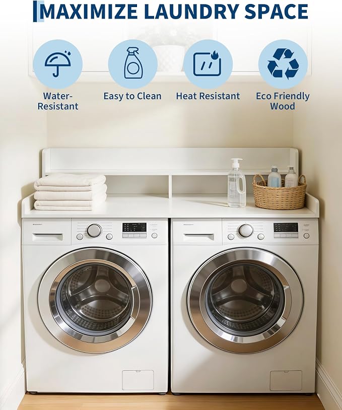 Takywep 2 Tiers Washer Dryer Countertop, 54" x 27.5" Washer Dryer Topper with Edge, Washer and Dryer Laundry Topper with Anti-Slip Pads & Anti-Vibration Mat, White