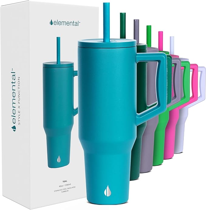 Elemental 40 oz Tumbler with Handle and Straw - Spill Proof Insulated Stainless Steel Commuter for Cold Beverages - Travel Coffee Mug with 2 Straws & Spill Proof Lid - 40oz - Teal