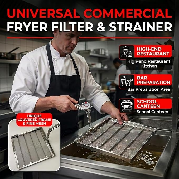 Commercial Deep Fryer Filter AF45, 13.75" x 13.75" 304 Stainless Steel with Thermometer, 550 Micron Skimmer Fryer Strainer for Kitchens & Restaurants, Extend Oil Life by 40%