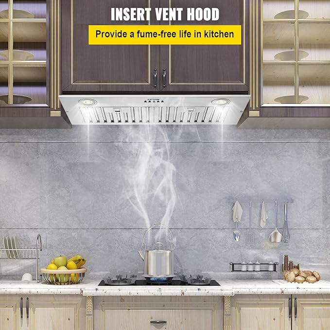 VEVOR Insert Range Hood, 800CFM 3-Speed, 30 Inch Stainless Steel Built-in Kitchen Vent with Push Button Control LED Lights Baffle Filters, Ducted/Ductless Convertible, ETL Listed