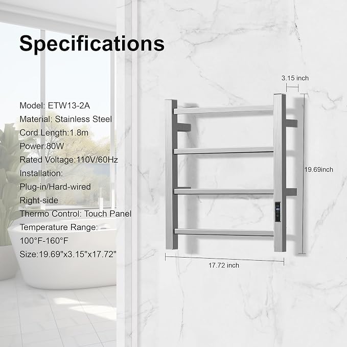 Electric Towel Rack Wall-Mounted Bathroom Heating Towel Warmer,Plug-in,Stainless Steel Material (Square Brushed with Timer, 4 Bar)