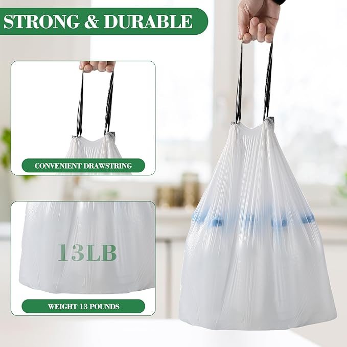 100 Counts 4 Gallon Trash Bag Drawstring Small Trash Bags, Thick Pre-separated Garbage Bags, Trash Bin Liners, Suitable for bathroom, kitchen, bedroom, office (White)