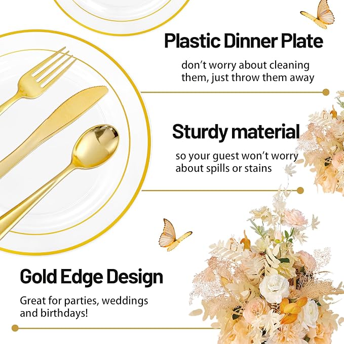GATHER 350PCS Clear Gold Plastic Plates - Disposable Gold Dinnerware Sets Includes 100 Gold Rim Plastic Plates, 150 Silverware, 50 Napkins, 50 Cups for Party, Wedding