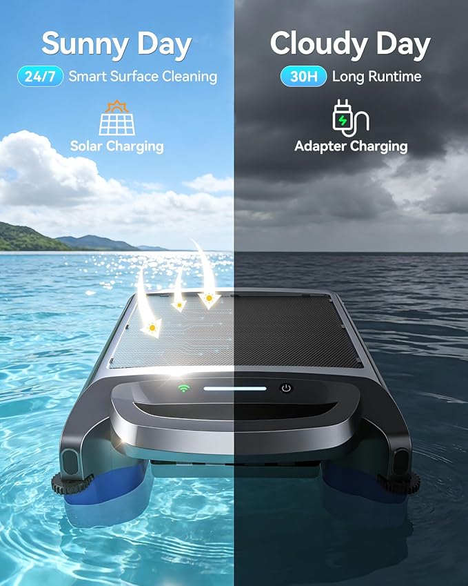 V1T Solar Pool Skimmer, Robotic Pool Surface Skimmer Cleaner with App Control, 7L Large Basket 24/7 Cleaning Smart Obstacle Avoidance Dual Charging Options Ideal for Above Ground Pool Blue