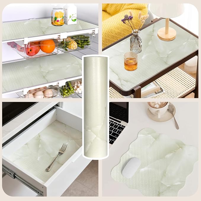 2-Layer Drawer and Shelf Liner for Kitchen Cabinet: 23.6in X 20Ft Non Slip Waterproof Shelf Paper Non Adhesive Refrigerator Liners Cyan Marble Easy Liners for Bathroom with Knife Tape Measure