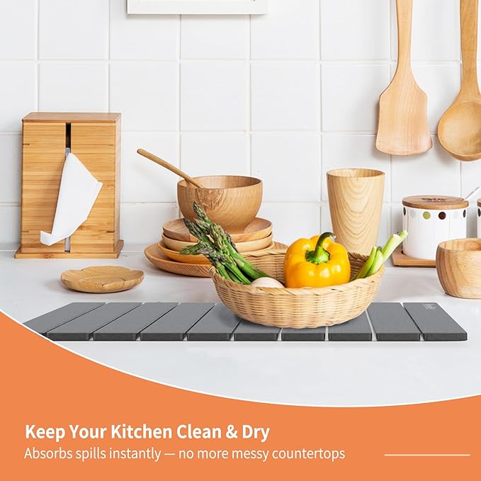 HotFox Dish Drying Mat for Kitchen Counter – Quick Dry Stone Drying Mat, Foldable Diatomaceous Earth Pad, Non-Slip Kitchen Sink Drying Mat, Large Fast Drying Stone Mat for Dishes, Coffee Maker, Grey