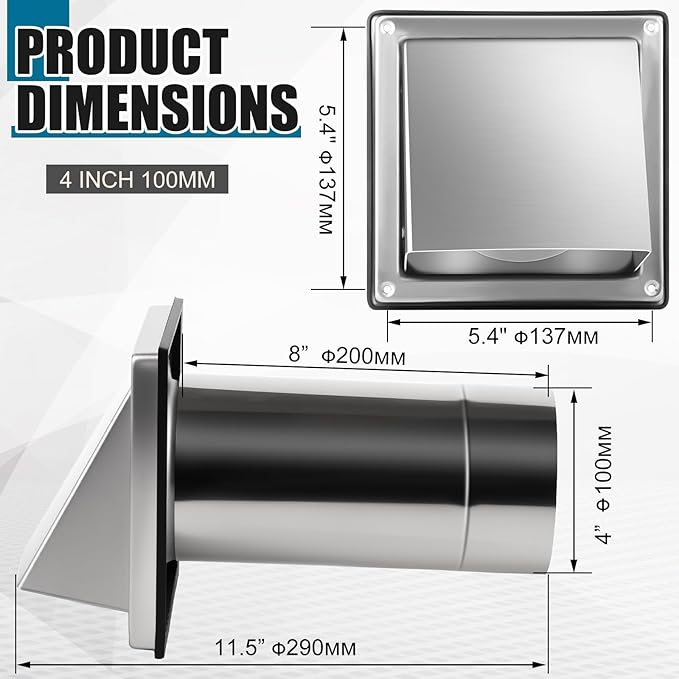 Gisafai 4" Dryer Vent Cover Outside with Stainless Steel Guard Wall Dryer Exhaust Cap and Removable Extended Pipe Vent Shroud Hood Cushioned Non Return Flap with Sealing Gasket Grille(Silver)
