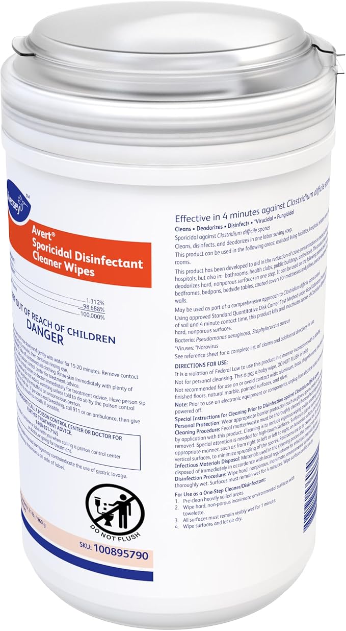 Diversey 100895790 Avert Sporicidal Disinfectant Cleaner, Hospital Grade Kills C. Difficile Spores, Standard Size Wipes, 160-Wipes, 1-Canister